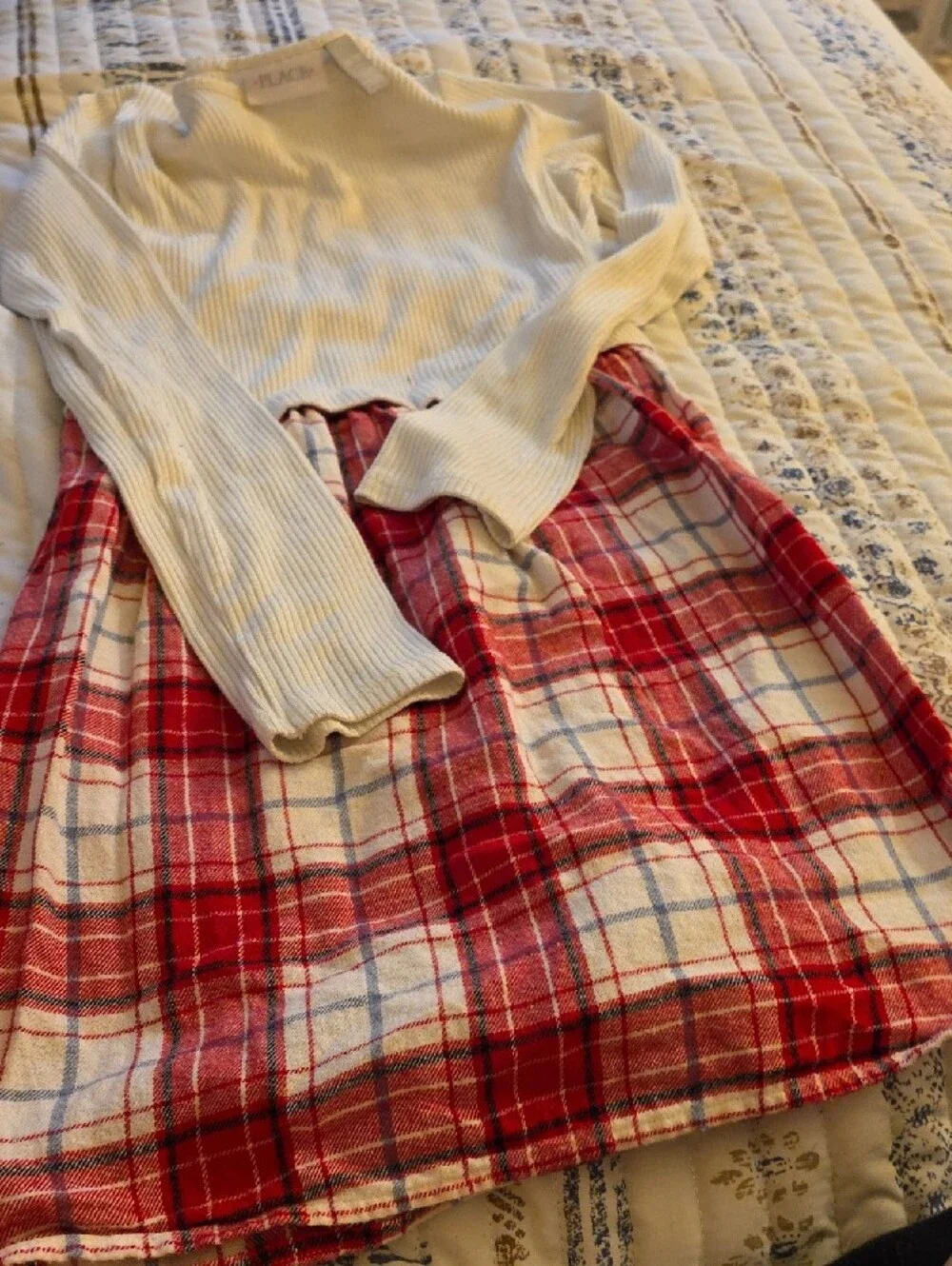 The Children's Place Cream Ribbed Top with Red Plaid Skirt Dress